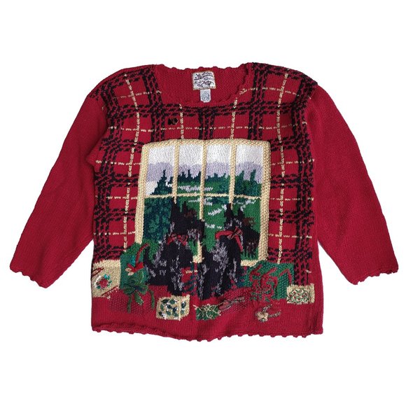 Heirloom Collectibles Sweaters - Heirloom Collectibles Vintage 90s Red Knit Scottie Dog Plaid Christmas Sweater